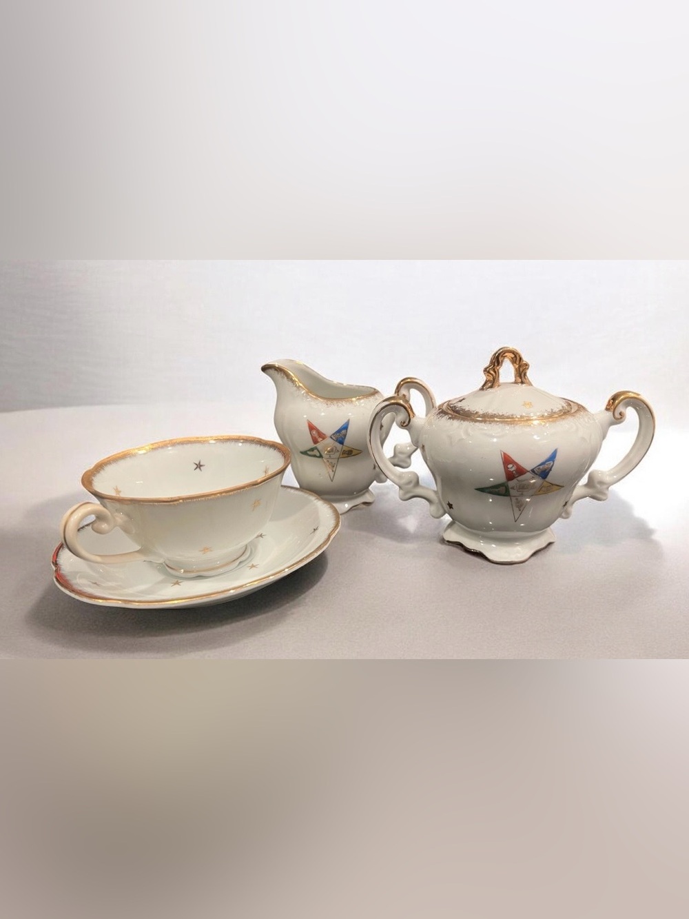 vintage MCM Norcrest Order of the Eastern Star porcelain tea set.